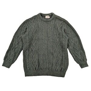 SAOL Ireland Aran Cable Knit Wool Sweater Green Fisherman Mens L Irish